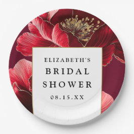 バーガンディレッド フラワー エレガント モダン ブライダルシャワー ペーパープレート