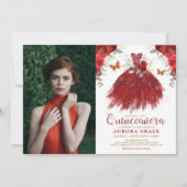 バーガンディレッド フローラル キンセアニエラ プリンセス フォト 招待状 (正面)