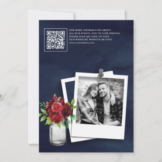 バーガンディレッド フローラル ネイビー QRコード ウェディング フォト セーブザデート (裏面)