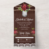 バーガンディレッド フローラル メイソンジャー ラスティック ウッド ウェディング オールインワン招待状 (内側)