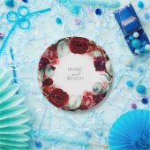 バーガンディレッド フローラル リース ウェディング ペーパープレート (パーティー)