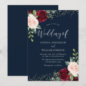 バーガンディレッド&ブッシュフラワーグリッターネイビーウェディング 招待状 (正面/裏面)