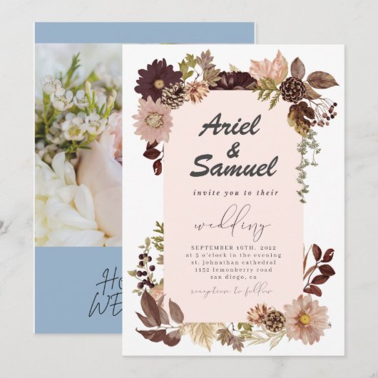 バーガンディレッド ブラッシュ ゴールド ジオメトリック グリー너リー ウェディング 招待状 (正面/裏面)