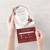 バーガンディレッド ブラッシュ ピンク フローラル ゴールドフレーム ウェディング オールインワン招待状 (貼ってはがせる)