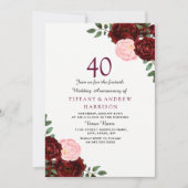 バーガンディレッド ブラッシュ フローラル 40周年 結婚記念日 招待状 (正面)