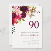 バーガンディレッド ボヘミアンフラワー 90歳の誕生日パーティー 招待状 (正面)