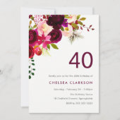 バーガンディレッド ボーホー フラワー 40歳の誕生日パーティー 招待状 (正面)