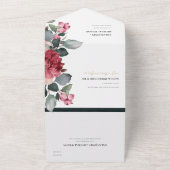 バーガンディレッド マルサラ グリーン ウォーターカラー フローラル ピオニー オールインワン招待状 (外側)