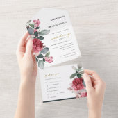 バーガンディレッド マルサラ グリーン ウォーターカラー フローラル ピオニー オールインワン招待状 (貼ってはがせる)