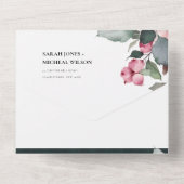 バーガンディレッド マルサラ グリーン ウォーターカラー フローラル ピオニー オールインワン招待状 (裏面)