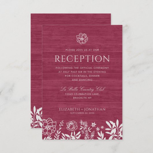 バーガンディレッド ラスティック フラワー ウッド ウェディング レセプション 招待状 (正面/裏面)