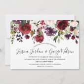 バーガンディレッド ロマンチック ウォーターカラー フラワー ウェディング 招待状 (正面)