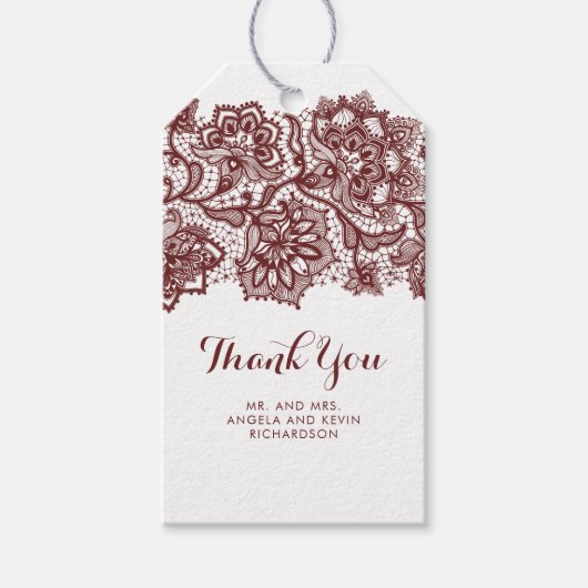 バーガンディレースエレガントな結婚式 ギフトタグ (正面)