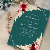 バーガンディローズのターコイズブルーの結婚式招待状 招待状