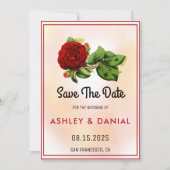 バーガンディローズのフレーム入りフラワーの結婚式Save the Date 招待状 (正面)