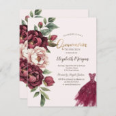 バーガンディローズ、グリッタードレスのキンセアネラ 招待状 (正面/裏面)