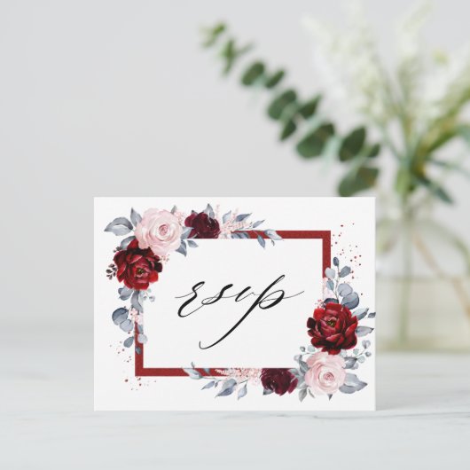 バーガンディワインダスティブルー石板フローラ結婚式出欠 ポストカード (スタンド正面)