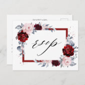 バーガンディワインダスティブルー石板フローラ結婚式出欠 ポストカード (正面/裏面)