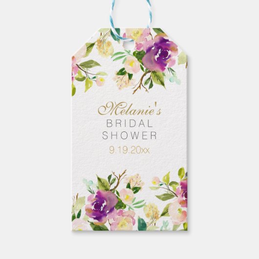 バーガンディワインピンクウォーターカラーフローラブライダルシャワー ギフトタグ (正面)