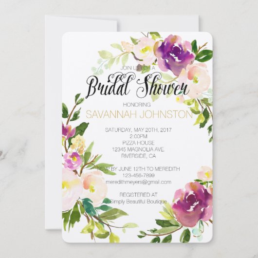 バーガンディワインピンクウォーターカラーフローラブライダルシャワー 招待状 (正面)