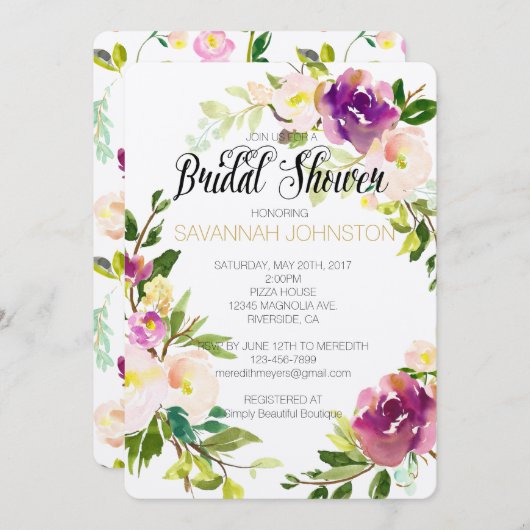 バーガンディワインピンクウォーターカラーフローラブライダルシャワー 招待状 (正面/裏面)