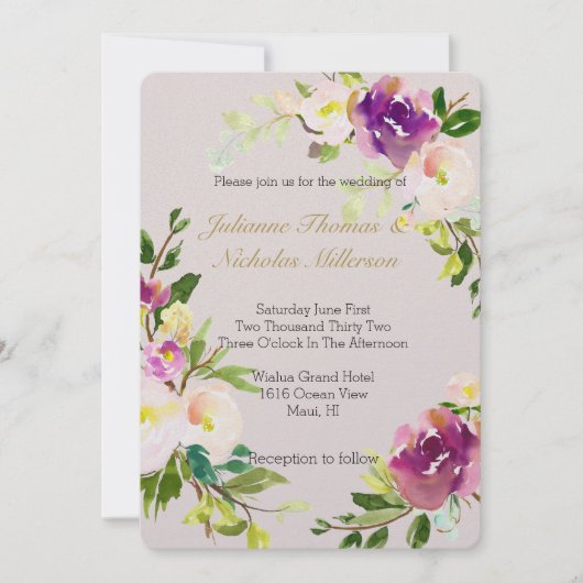 バーガンディワインピンク水彩フローラクリーム結婚ズ 招待状 (正面)