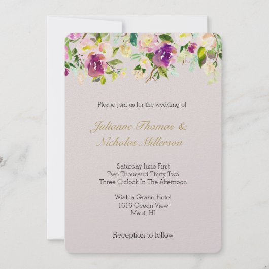 バーガンディワインピンク水彩フローラクリーム結婚ズ 招待状 (正面)