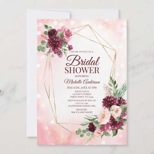 バーガンディワインボホウォーターカラーフローラブライダルシャワー 招待状 (正面)