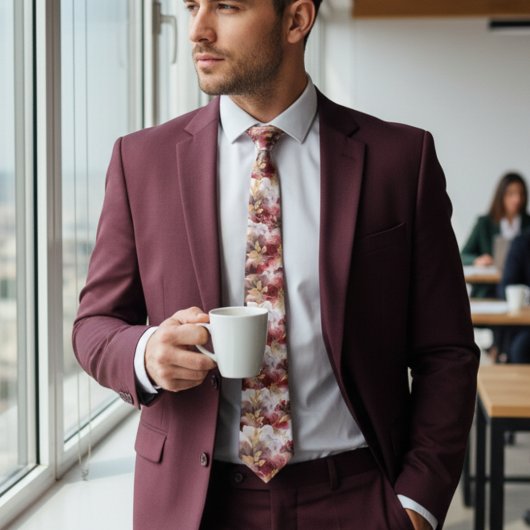 バーガンディーとゴールドのグリッター フローラル アゲート ネック タイ