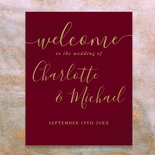 バーガンディーとゴールドのスクリプト結婚式ウェルカムサイン ポスター
