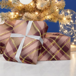 バーガンディーとゴールドのチェック柄クリスマス ラッピングペーパー