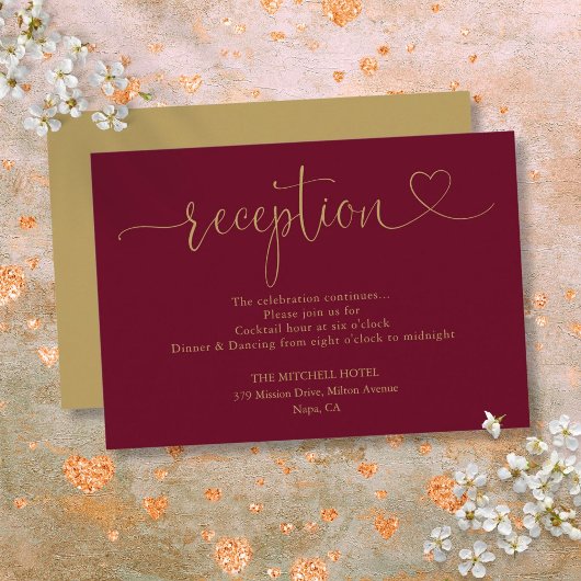 バーガンディーとゴールドのハートスクリプト結婚式の披露宴 エンクロージャーカード