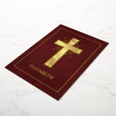 バーガンディーとゴールドの洗礼式または命名式の透かし模様デザイン 箔招待状 (回転した状態)