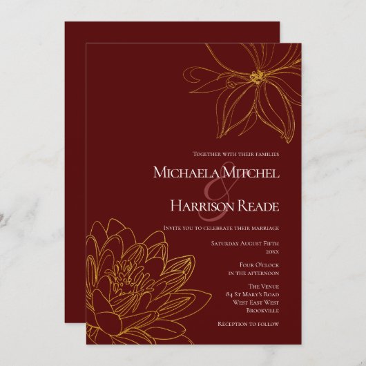 バーガンディーとゴールドの花柄ウェディング 招待状 (正面/裏面)