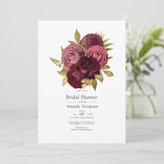 バーガンディーとゴールドの花柄 ブライダルシャワー 招待状 (スタンド正面)