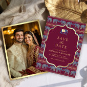 バーガンディーとゴールドの象のインドの結婚式の写真 セーブザデート