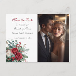 バーガンディーとサーモンピンクのバラの結婚式Save the Date 案内ポストカード