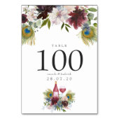 バーガンディーとネイビーのピーコック ワインをテーマにしたウェディング テーブルナンバー (裏面)