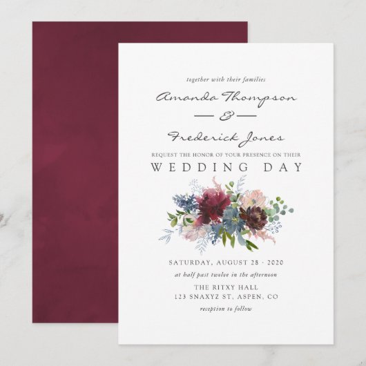 バーガンディーとネイビーの花柄の水彩ウェディング 招待状 (正面/裏面)