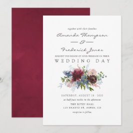 バーガンディーとネイビーの花柄の水彩ウェディング 招待状