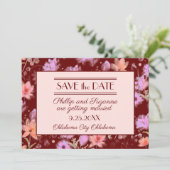 バーガンディーとブッシュのヴィンテージ フラワー セーブ・ザ・デート 招待状 (スタンド正面)