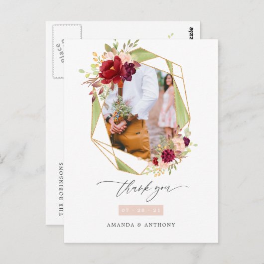 バーガンディーとブッシュの幾何学的な結婚式のお礼 ポストカード (正面/裏面)