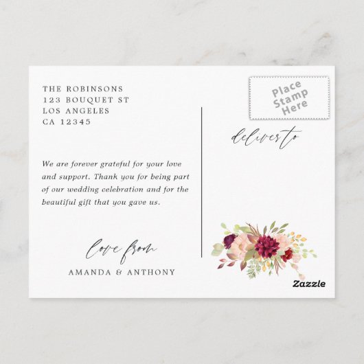 バーガンディーとブッシュの幾何学的な結婚式のお礼 ポストカード (裏面)