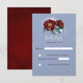 バーガンディーとブルーの水彩花の結婚式出欠確認カード 出欠カード (正面/裏面)