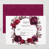 バーガンディーとレッドローズの花輪の出欠確認カード 招待状 (正面/裏面)