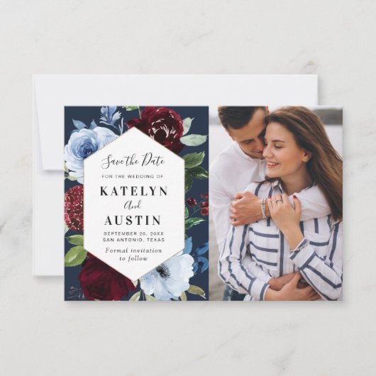 バーガンディーな海軍フローラの結婚式は、デートカードを除いて セーブザデート (正面)