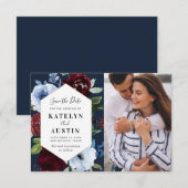 バーガンディーな海軍フローラの結婚式は、デートカードを除いて セーブザデート (正面/裏面)