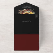 バーガンディーのひまわりの花のQRコード付きブラックウェディング オールインワン招待状 (外側)