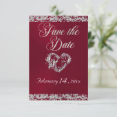 バーガンディーのロマンチックハート&グリッター セーブザデート (スタンド正面)