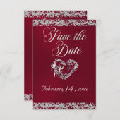バーガンディーのロマンチックハート&グリッター セーブザデート (正面/裏面)